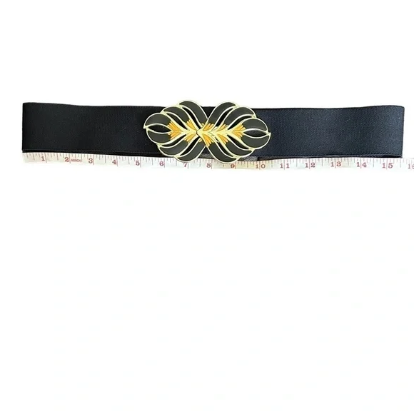 Vintage 80’s Black Adjustable Stretch Enamel Cloisonné Statement Buckle Belt - Picture 8 of 16